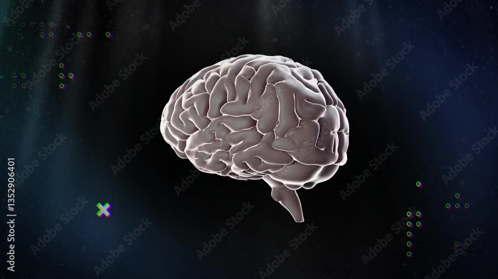 Poster colorful digital animation elements surrounding human brain model on dark background