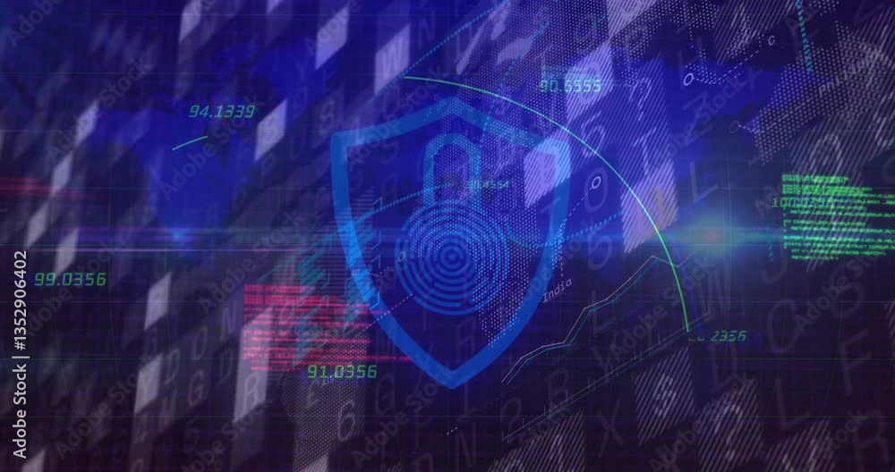Aufkleber digital security shield with lock icon over data and binary code animation