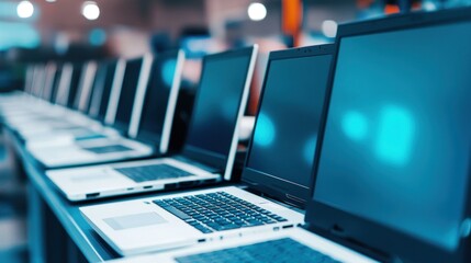 Rows of laptops for sale in a store