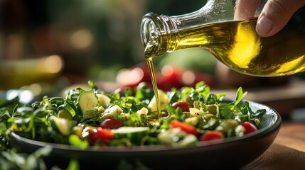 Olive oil poured on fresh salad, kitchen setting