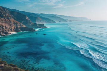 Fototapeta premium Tranquil Blue Ocean View with Soft Aqua Waters for Branding and Digital Media