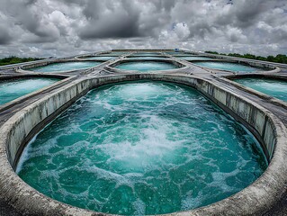 Elevated water treatment facility under a dramatic cloudy sky is visible