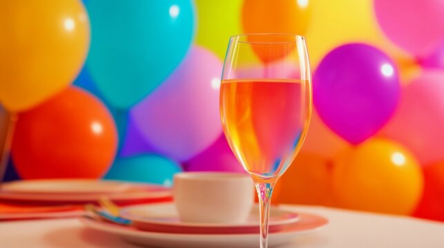 Festive Retirement Party Celebration with Colorful Balloons and a Glass of Apple Juice on a Table