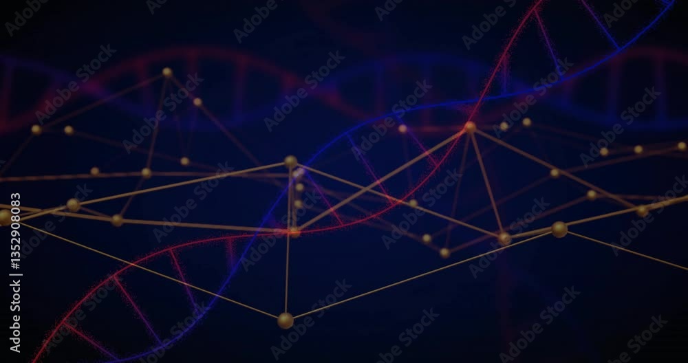 Poster forming animation of dna strands with network connections in scientific visualization