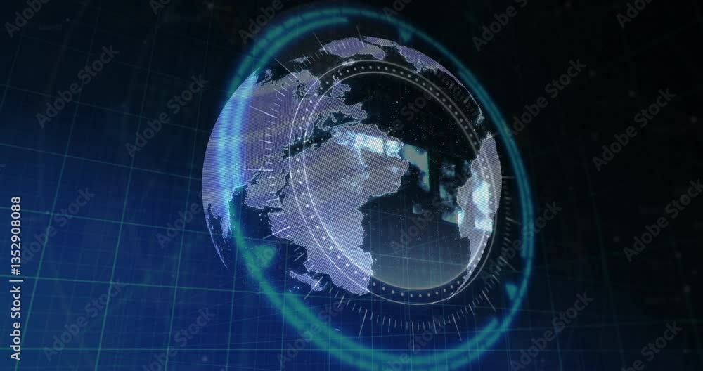 Poster animation of digital globe with rotating continents and data visualization elements