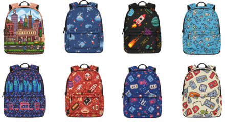 Displaying eight pixel art backpacks with videogame and city themes