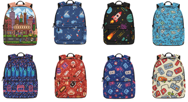 Displaying eight pixel art backpacks with videogame and city themes