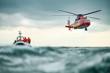 A red rescue helicopter flies over a lifeboat in stormy seas, a dramatic maritime rescue operation.