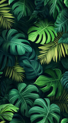  Vibrant Tropical Leaves with Monstera and Palm Fronds in Rich Greens, Seamless Jungle Pattern