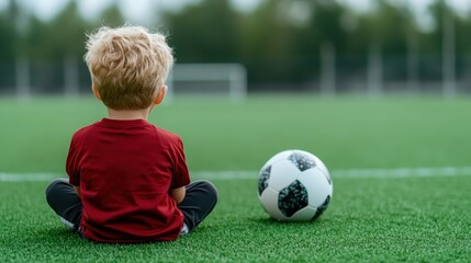 A young boy sits on the soccer field, gazing out towards the practice area, encapsulating a moment of reflection and anticipation for soccer activities.