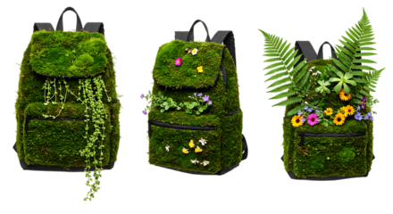 Moss Covered Backpacks with Ferns and Flowers on Transparent Background