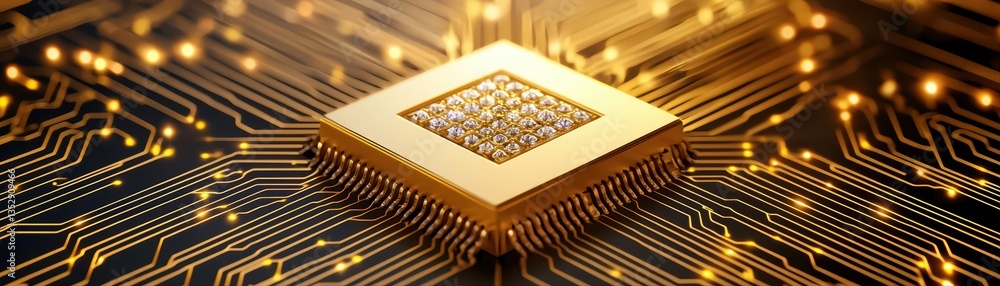 Poster golden microchip on circuit board with bright lights