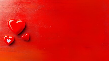 Fototapeta premium Three bright red hearts, one with a white heart, lay on a textured red surface