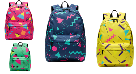 Colorful backpacks with geometric designs for school and everyday adventures