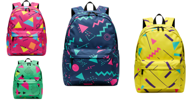 Colorful backpacks with geometric designs for school and everyday adventures