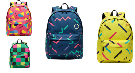 Stylish backpacks with geometric patterns in various colors displayed on black