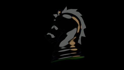a black chess knight spins 