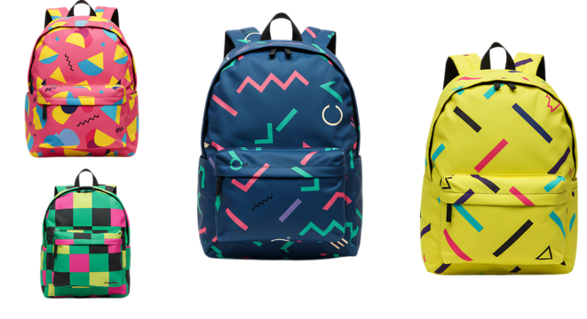 Stylish backpacks with geometric patterns in various colors displayed on black - Powered by Adobe