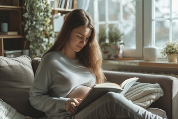 Pregnant woman peacefully reads a book on a cozy sofa bathed in sunlight.