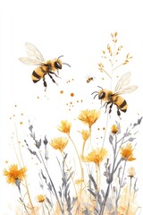Watercolor painting shows bees flying amongst yellow wildflowers with plants