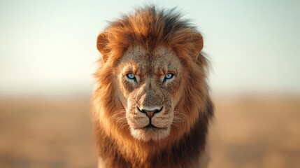 Fototapeta premium A close-up portrait of a majestic lion displaying striking blue eyes and a powerful mane, exuding strength and regal presence in its natural habitat.