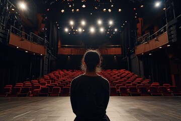 A lone figure stands on a dark stage, facing rows of empty red theatre seats, bathed in the soft glow of stage lights.