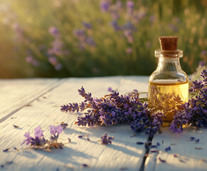 Glass bottle of Lavender essential oil with fresh lavender flowers and dried lavender seeds on white wooden rustic table, aromatherapy spa massage concept. Lavendula oleum