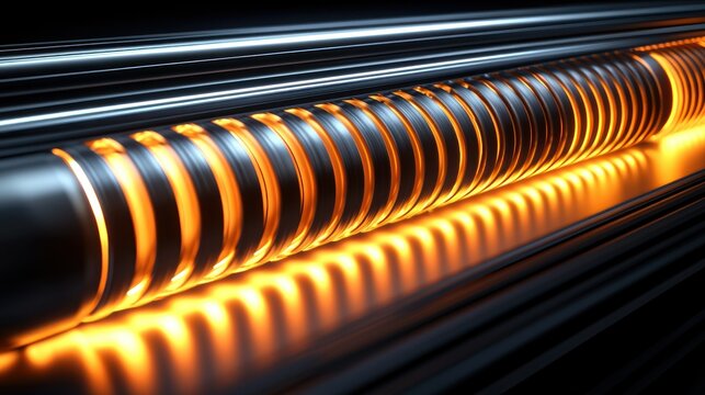 Lit tube glows between parallel metal rods; warm light