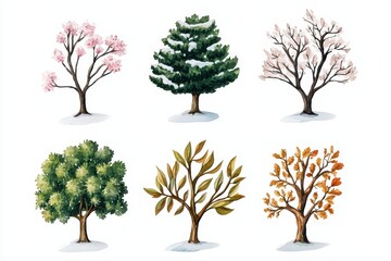 Naklejka premium Seasonal trees illustrated in vibrant watercolor style