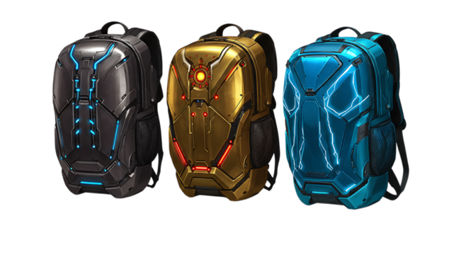 Backpacks with Sci-Fi Design in Various Colors on Transparent Background