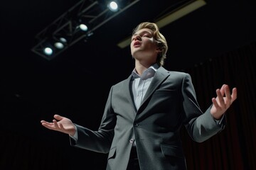 A young man in a suit, on a stage, singing passionately, illuminated by spotlights.