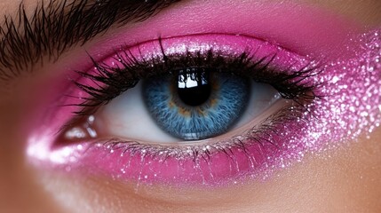 Close-up vibrant pink eye makeup