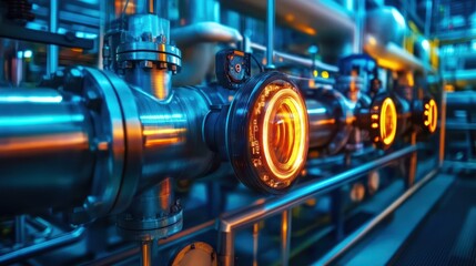Fototapeta premium Industrial plant pipes glowing, close-up, energy, factory background