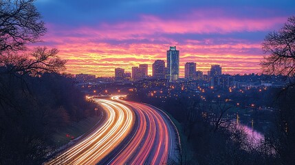 City skyline sunrise, highway light trails, winter. Use Website header, travel brochure
