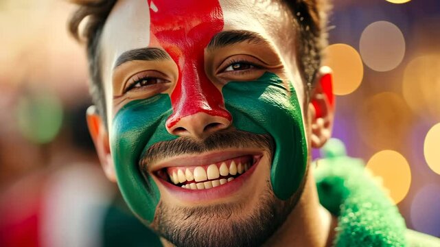 A close-up shows a smiling man with his face painted in red and green bright colors.
Concept of: Colorful fandom.