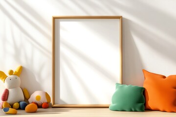 A cozy children's room with an empty picture frame. Generative AI