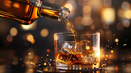 A glass of whisky with ice cubes in it is being poured