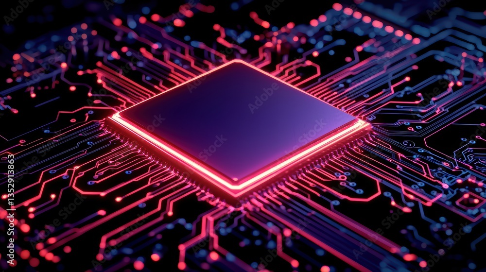 Poster central processing unit on circuit board with neon glow