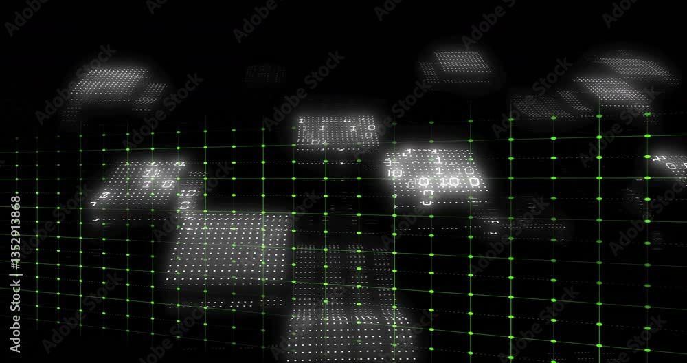 Poster green heartbeat line animation over digital grid with binary code patterns