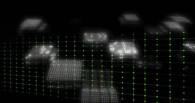 Green heartbeat line animation over digital grid with binary code patterns