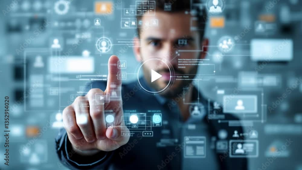 Poster man interacting with futuristic interface: digital technology and innovation