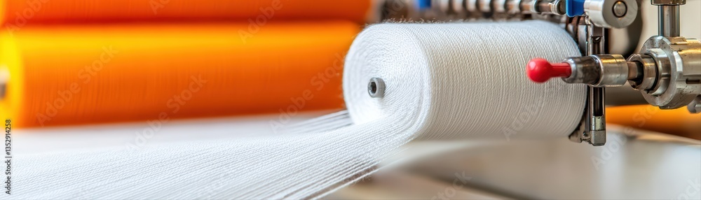 Poster close-up of thread spooling process in textile factory