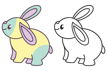 Cute Cartoon Bunny with Pastel Colors and Line Art Version on White