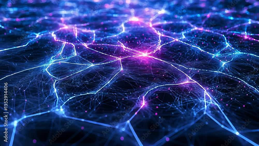 Poster neon network of interconnected nodes and light pathways