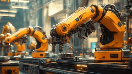 Robotic arms assembling parts on factory line, industrial automation