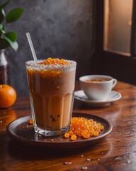 Milk Tea with Tapioca Pearls and Caramel Syrup Drips