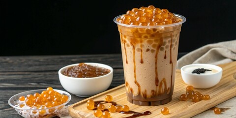 Milk Tea with Tapioca Pearls and Caramel Syrup Drips