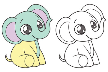 Cute Cartoon Elephant Illustration, Baby Animal Design with Color & Black and White