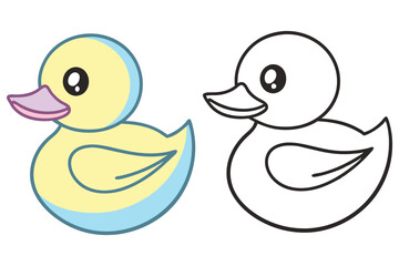 Cute Cartoon Duck Illustration, Flat Design, Black and White Outline Duck Isolated