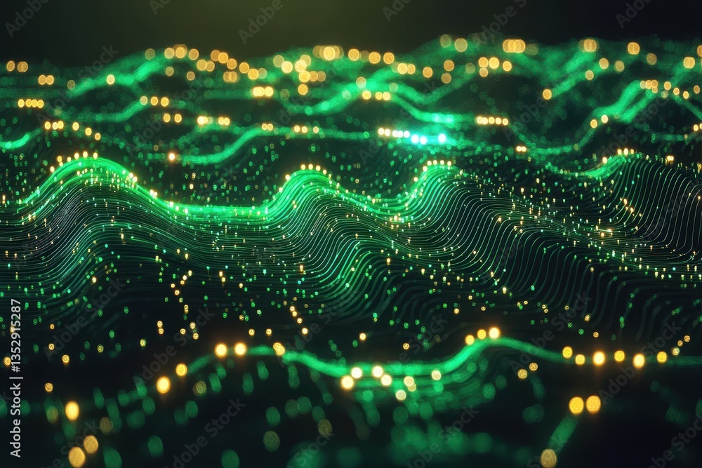 Aufkleber green glowing lines form a wave pattern with blurred golden lights. use for tech, data, science, fut
